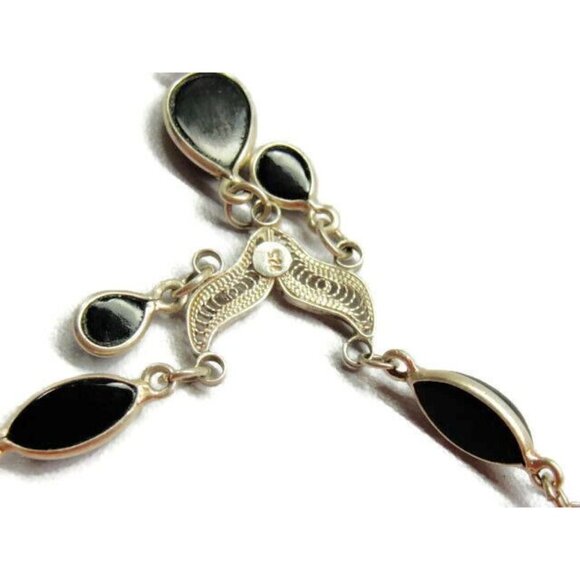 17" Necklace Filigree Black Onyx Teardrop Dangle Chain Vtg Sterling Silver 925 - Picture 8 of 9